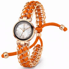 Women's Quartz Watch Orange Nylon Strap Rose Gold Analog 25mm Water Resist